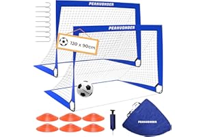 ‎PEAKVONDER PEAKVONDER Football Goals for Garden Children Pop-Up Set of 2 Football Goals Foldable with Fibreglass Poles and High-Quality Goal Nets for Indoor, Outdoor | With Transport Bag Football Hat Ball Pump