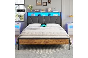 Brinlawb Cadre de Lit 140 x 190 avec Sommier en Métal, Lit 2 Personnes avec Lumières LED, Multiprise(2 Prises AC,2 Ports USB) lit Double 140x190 avec Rangement, Facile à Assembler, Marron Vintage&Gris