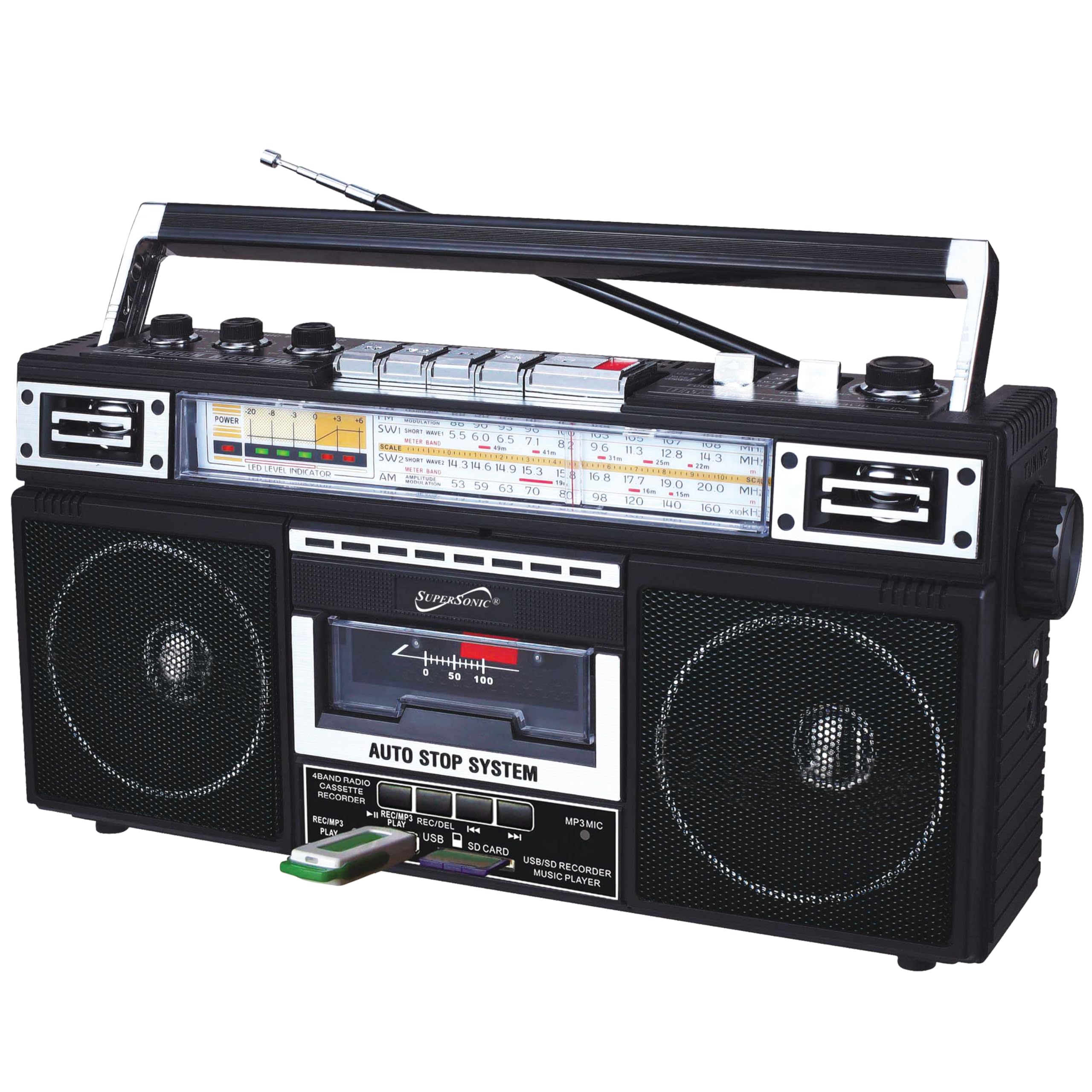 Supersonic Retro 4-Band Radio and Cassette Player with Bluetooth (Black)