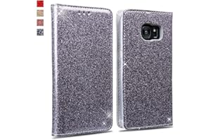 OKZone Galaxy S7 Edge Hülle, Glitzer Bling PU Leder Brieftasche-Stil Magnetisch Folio Flip Etui Brieftasche Hülle Schutzhülle Tasche Case für Samsung Galaxy S7 Edge (Silber Grau)