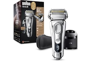 Braun Series 9 Premium golarka męska z głowicą tnącą 4 + 1, elektryczna golarka i trymer do precyzyjnej, stacja czyszcząca i ładująca, akumulator litowo-jonowy 60 min, Wet & Dry, 9375cc, chrom