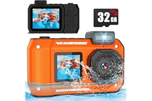 NAWCHEDO Fotocamera subacquea 4K 48MP impermeabile 32GB doppio schermo robusta antipolvere antiurto autofocus per selfie snorkeling immersioni sport viaggi (arancione)