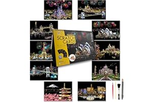 SiYear Scratch Art Painting Paper Set for Adults & Kids,Landmark Building City Series Night Scene,Scratchboard Creative Gift DIY Foil Engraving Crafts with 4 Tools (City-A4-10Pack)