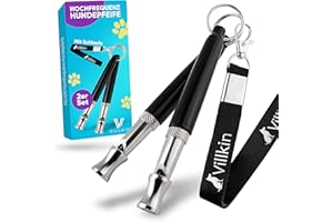Villkin 2 x gwizdek dla psa + bonus: klips dla psa, smycz na klucze i e-book – możliwość kontroli i zatrzymywania bloków – czarny/srebrny z regulowaną częstotliwością