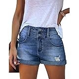 Edelaura Damen Jeans Shorts Mit Hoher Taille - Rollsaum Elastische Freizeitshorts