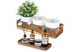 Hanobe Decorative Tray Wooden Bathroom: Set of 2 Wood Bathroom Storage Box with Vanity Display Tray Platter for Kitchen Counter