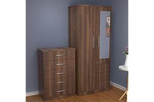 GENERIC Pre-assembled 2-Piece Bedroom Furniture Set, White, 2-Door Mirrored Wardrobe with drawers and 5-Drawer Chest (Walnut)