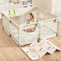 Parc Pour Bébé 120x120 Cm Avec Filet Respirant - Montage Rapide, Barrières Rembourrées - Pour Intérieur Et Extérieur - Beige - 3