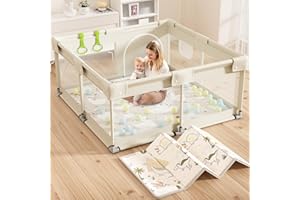 Lertantri Laufstall Baby mit Matratze, Beige 120x120 Kleines Laufgitter Baby mit Matte, Laufstall für Apartment, Laufgitter mit Atmungsaktivem Netz an Vier Seiten und Saugnäpfen