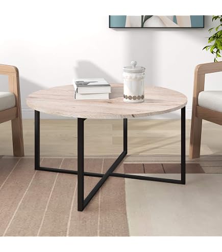 Wohnling Set di 2 tavolini da salotto in legno massello/effetto pietra, rotondi, con struttura in metallo, tavolino da caffè moderno, tavolo per nidificazione, 2 pezzi, nero/antracite