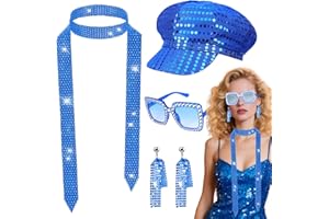 Kyndara 4Pcs Disco Costume for Women, 1970s Disco Fancy Dress Accessories Set with Sequin Hat Bling Sunglasses Earrings Scarf for Adults Retro 70 Theme Party Dance