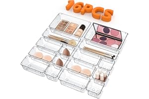 TOWINGO Organizer Cassetti Scrivania 16 Pezzi, Organizzatore Trucchi in 4 Dimensioni Trasparenti, Divisori Cassetti per Cosmetici, Bagno, Cucina, Gadget e Accessori per Ufficio