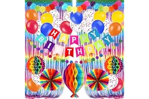 Recosis Bunte Geburtstagsdekorationen, Happy Birthday Banner Regenbogenfolie Fransen Vorhang Fiesta Hängende Papierfächer Pompons Papier Luftballon Konfetti Luftballons Geburtstagsfeier Dekorationen
