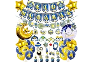 PARSUP Eid Mubarak Decoration, Blue Gold Eid Mubarak Foil Balloon Banner and Latex Balloons Moon Stars Banner Holiday Decorations, Islamic Golden Party Supplies for Home Decoration