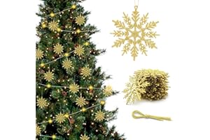 Yuning 24 Stück Schneeflocken Weihnachten Deko,Weihnachtsbaumschmuck Glitter Schneeflocken Hängende,Weihnachtsbaumanhänger 10cm Schneeflocke Kunststoff Ornamente mit Lanyard (Gold)