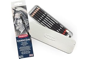 Derwent Charcoal Drawing Pencils, Drawing & Writing, Set Of 6 with Sharpener, Light, Medium, Dark & Tinted Charcoal White, Ideal For Blending & Smudging, Professional Quality, 0700838