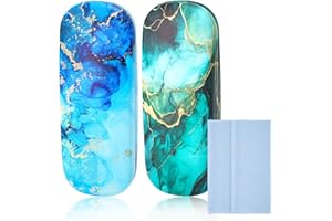 TOPCZY 2 Pièces Funky Boîte à Lunettes en Métal Rigide, Classique Étui à Lunettes avec 2 Chiffon, Marbre Grain Étui à Lunettes en Cuir PU, Portable Étui de Protection pour Lunettes Myopie Lecture Soleil