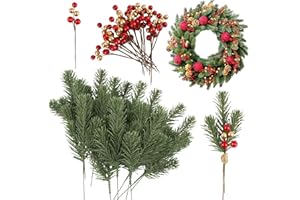 VINFUTUR 30 Pieces Artificial Pine Branches + 20 Pieces Christmas Holly Berry Picks Artificial Christmas Berries Pine Needle Picks for Christmas Tree Wreath Bouquets Table Decoration