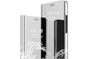 SZMLOGB MLOTECH Hülle für Samsung Galaxy S23 Handyhülle mit Gehärtetes Glas schutzfolie Flip Transluzent View Miroir Cover Anti-Schock Spiegel Standfunktion Schutzhülle Silber