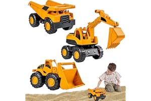 GYHWOFUL 3 Stück Bagger Spielzeug Set – Sandspielzeug Fahrzeuge für Sandkasten & Strand, Kipplaster, Bulldozer & Bagger mit Trägheit, Robuste Sommerspielzeuge für Kinder