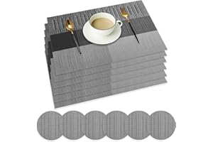wiipara Placemats Set of 6, PVC Place Mats and Coasters Washable Non-Slip Heat Resistant Table Mats for Kitchen Dining Table Home Restaurant (6 Placemat + 6 Coaster, Grey)