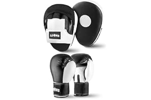 LIONS-BOXING Lions Amateur Fitness Boxing Set Hook & Jab Pads Focus Punch Bag Gloves Target Strike Mitts (White, 10oz)