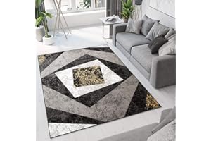 TAPISO Dream Tappeto Soggiorno Salotto Moderno Nero Grigio Giallo Geometrico Quadrato A Pelo Corto 140 x 200 cm
