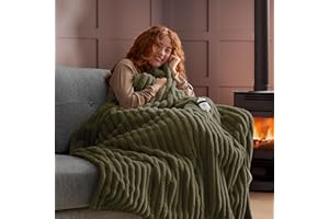 Silentnight Luxury Faux Fur Ribbed Heated Throw - Luxury Plush Electric Heated Blanket for Sofa Bed with 9 Heat Settings, Fast Heat-up and Safety Shut Off - Machine Washable - 120x160cm, Olive Green