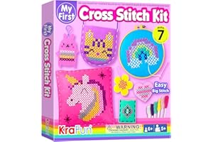 KRAFUN Kit Punto Croce per Bambini 5+ Anni, 6 Progetti Fai da Te (Portachiavi, Borsa, Cuscino), Feltro, Istruzioni, Scatola Riutilizzabile, Giocattolo Educativo