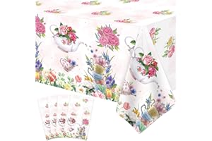 INSPIREYEE 4 Pack Tea Party Decoration Floral Tablecloth - 86” x 51” Rectangle Spring Disposable Tea Party Table Cover for Baby Shower & Birthday Decorations
