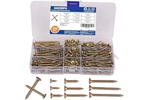 AMLOOPH Wood Screws Assortment, 390pcs Mixed Small Flat Head Self Tapping Screws For Wood, 10mm - 50mm Long Assorted Countersunk Galvanised Decking Screw Set Pack With Screw Box