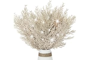 KKSTY Pack of 16 Artificial Pine Branches Glitter Twig Ornaments, 13.3'' Glittery Christmas Tree Picks Stems for Xmas Decor,DIY Crafts,Wreath Making Supplies,Small Vase Filler (Champagne)