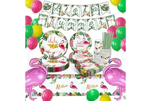 HLEIUKT Flamingo Partygeschirr Set, Hawaii Party Geschirr, Pappteller Kindergeburtstag mit Flamingo Luftballons, Ananas Deko Partyzubehör Pappteller für Urlaub Sommer Deko Junge Mädchen Partys 16 Gäste