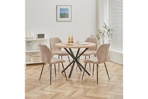 DEYARNA HOME Essgruppe 5-Teilig, 100cm Runder Esstisch und 4 Leinen-Esszimmerstühle, Esstisch und Stühle für 4 Personen, 4 Stühle & Tisch für Küche, Esszimmer und Wohnzimmer (Helle Holzfarbe+Braun)