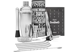 VINENCO Shaker Cocktail Set Professionale + Ricettario | Kit Barman Completo, Acciaio di Qualità Premium | Aperitivo Accessori per Mojito Martini Gin Tonic Long Drink | Regalo Donna Uomo, Bar Party