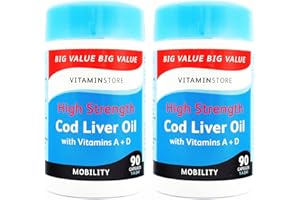Vitamin Store Cod Liver Oil High Strength 1000mg with Vitamins A & D, 90 Capsules per Tub, Pack of 2 Tubs, 6 Months Supply