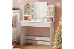 WOLTU Coiffeuse avec Miroir LED à Luminosité Réglable, Coiffeuse avec Rangement, 2 Tiroirs & 4 Étagères, Table de Maquillage Blanche en Bois, Meuble Chambre Style Moderme, Blanc