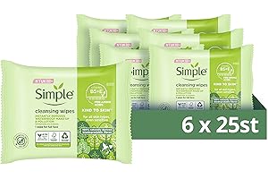 Simple Kind to Skin - Toallitas de limpieza biodegradables para eliminar el maquillaje de ojos impermeable para pieles sensibles, 6 x 25 toallitas