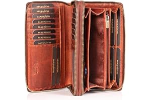 Matador Long Women’s Wallet, Purse Made of Antique Soft Brown Cowhide Leather, Wallet Purse with Double Zip 3628-vintage, Vintage Brown