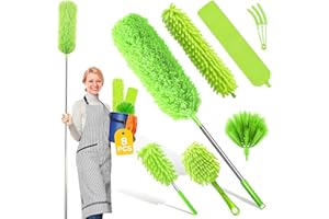 ETIEVORT 7 Piezas Plumero Telescopico Extensible, Plumero Atrapapolvo Microfibra Lavable Reutilizable, Plumero Palmera Ongitud 37 To 232 Cm, Plumero Plano Para Ventiladores Techo Alto, Persianas (Gris) (Verde)