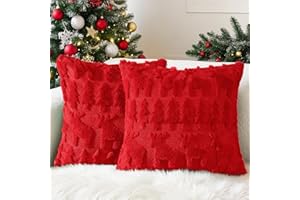 Lonya 2 Pezzi Cuscini Natalizi per Divano 45x45cm Lana Corta Velluto Copri Morbido Decorativo 3D Ricamo Camera da Letto Federe Albero di Natale e alce-Rosso-B