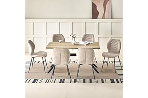 JIJIAN Set da Pranzo con Tavolo in Legno Chiaro e 6 Sedie Marroni, Tavolo da Pranzo Rettangolare (140 x 80 x 76 cm) con 6 Sedie da Pranzo in Lino a Design Ergonomico