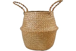 FEILANDUO Seagrass Belly Basket Woven Plant Pot with Handle, Natural Foldable Laundry Toy Storage Baskets for Shelves (Natural, Widest Part 22 x 20cm)