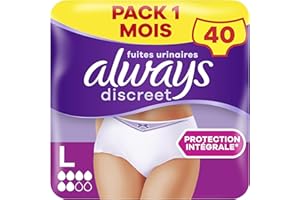 Always Discreet, 40 Culottes Incontinence Femme, Normal 5 Gouttes, Sous-Vêtements Taille L, Blanc, Protection Très Absorbante pour Fuites Urinaires Importantes ou post accouchement, Pack 1 Mois
