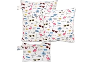 FanChose 3 Pcs Baby Wet Dry Cloth Diaper Bag, Reusable Diaper Wet Bag, Washable Diaper Nappy Bags Waterproof Travel Carry Bag, Foldable Portable Nappy Pouch, Flamingo