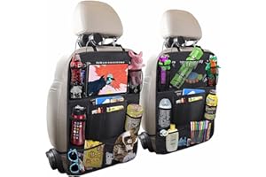 HSIULMY Car Seat Organiser for Kids 2 Pack - Back Seat Protector with 10" Tablet Holder & 9 Pockets, Kick Mat, Back Seat Storage Organiser for Toys Books Drinks (Black)