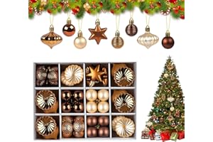 Agoer Juego de 52 Bolas de Navidad Cobre y Dorado, Adornos de Bolas Plásticascon Cordón y Estuche de Almacenamiento, Bolas para árbol de Navidad al Aire Libre para Fiestas de Año Nuevo,Bodas