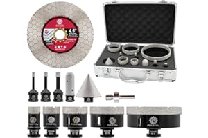 FOCSTOL Punte Diamantate Gres Porcellanato - Punte Trapano Diamantate per Piastrelle Ceramica Marmo Graint 12 pezzi (6/8/10/25/35/50/68/110mm+50mm Punte per Smusso+20mm Fresa+Adattatore+115mm Disco)