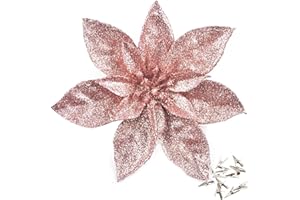 GL-TURELIFES GL-Turelfies - 12 flores de Navidad con purpurina (16 cm) con 12 clips, flores artificiales de Pascua para árbol de Navidad, adornos para árbol de Navidad (oro rosa)