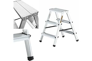 Drabest Escabeau Aluminium 3 Marches Double Face – Capacité 125 kg – Plateforme de Travail – Échelle Polyvalente 41 x 63 x 16 cm